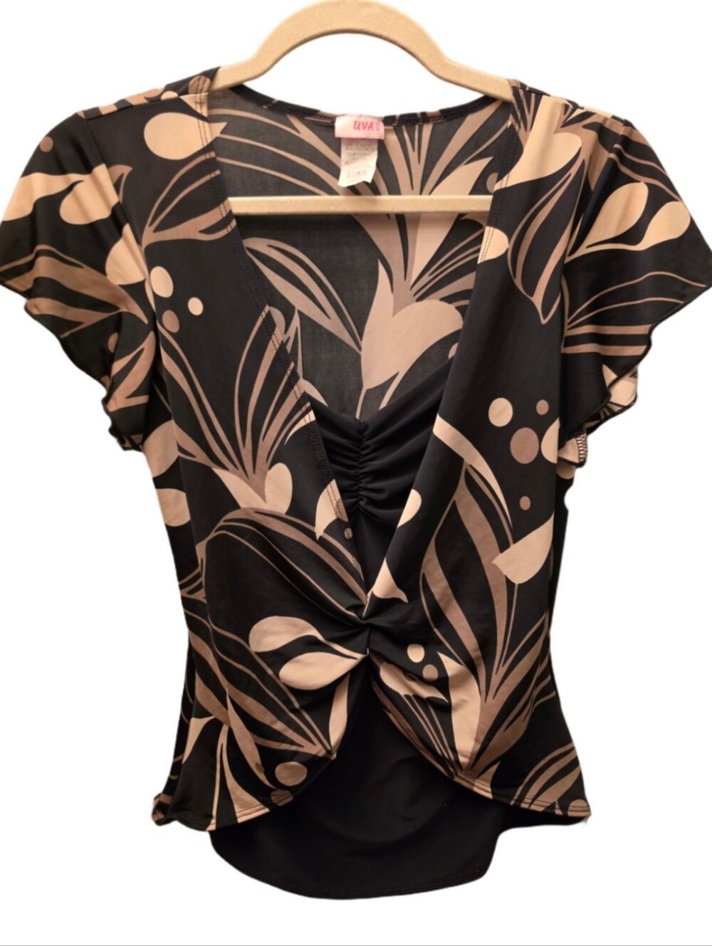 UVA Black Beige Tropical Floral Twist Front Flutter Sleeve Top M/L Y2K